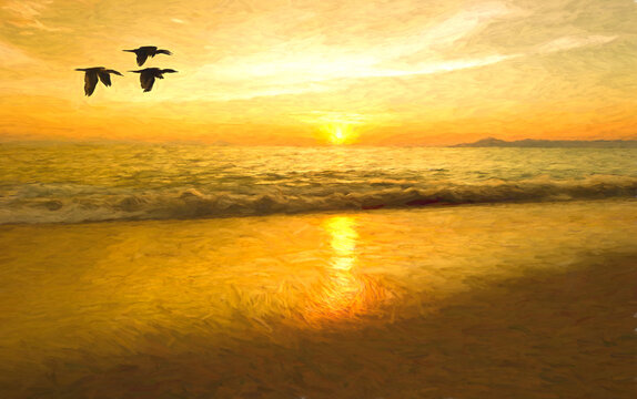 Sunset Ocean Birds Painting