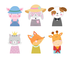 Set of cartoon cute animals in funny clothes for baby cards and invitations. Vector illustration of a little pig, bunny, dog, cat, fox, giraffe.