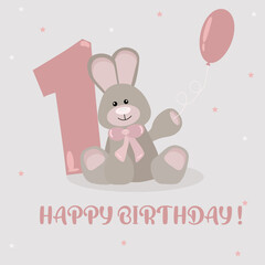 Birthday card. Hare, rabbit. 1 year old child. Birthday Poster. Banner. Bunny with a balloon. Print.  Happy Birthday baby. Baby toys