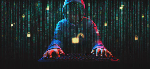 Hacker on screen with binary code. - obrazy, fototapety, plakaty