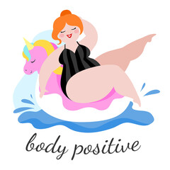 Happy plus size girl swims in the sea on a unicorn. Happy body positive concept. Different is beautiful. Attractive overweight woman. For Fat acceptance movement no fatphobia. Vector illustration.