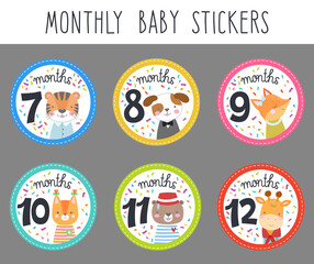 A set of stickers for a newborn unisex from 7 to 12 months. Stickers with cute animals in clothes: tiger, dog, fox, squirrel, bear, giraffe. Vector illustration of a baby shower.