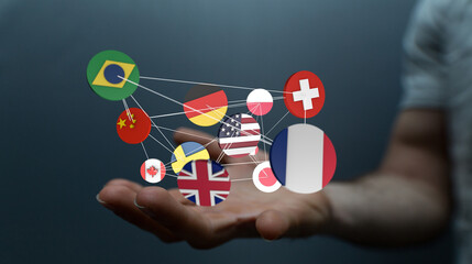 Global communication and international messaging concept, national flags of world