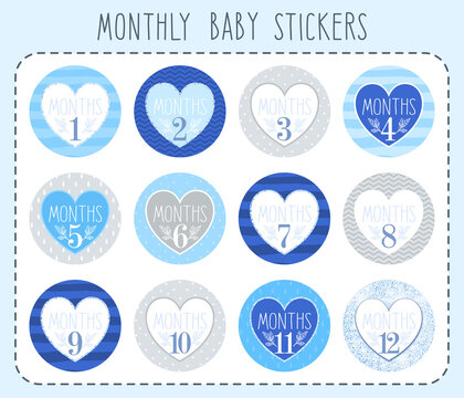Monthly baby stickers for newborn boys. Monthly growth stickers for clothes, design with a heart, gray-blue colors. Set for a photo shoot or baby shower party.
