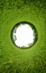 Stereographic panoramic projection of a green field in the summer. 360 degree panorama.
