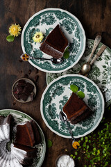 Fototapeta na wymiar fresh homemade chocolate cake with dark beer