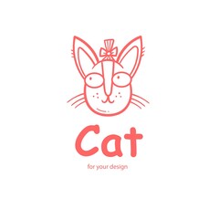 Cute doodle cat emblem. Funny vector character. Line art animal print.