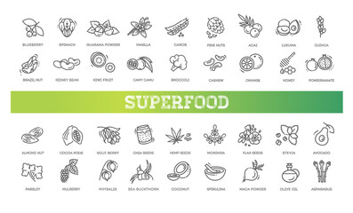 Superfoods line vector icons. Organic superfoods
