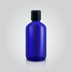 Blue glass bottle empty, realistic vector cosmetic or perfume container isolated on a white background.