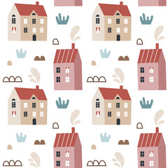 Seamless cute vector scandinavian pattern with small tiny houses in boho style