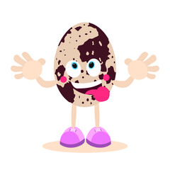 Cartoon quail egg. An egg with a face, arms and legs. Healthy and nutritious food. Vector image.