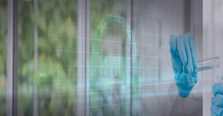 Composition of online security padlock icon over scientist with test tube