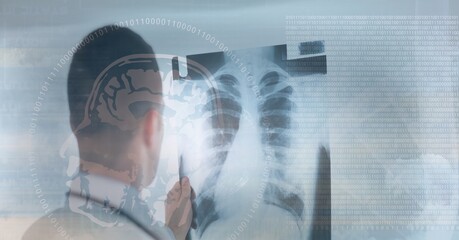Composition of medical data processing over male doctor checking x ray in background