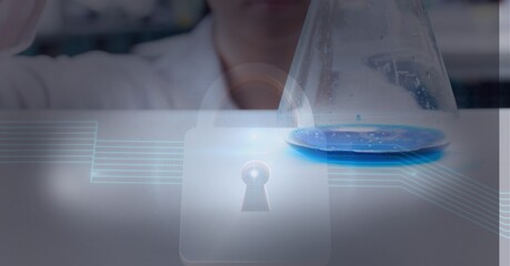 Composition of online security padlock icon over scientist with test tube