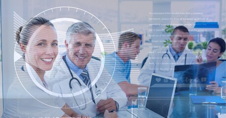 Composition of medical data processing over smiling male and female doctors in meeting