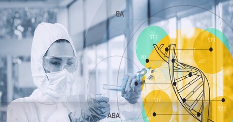 Composition female scientist in ppe suit holding test tube with dna and medical icons