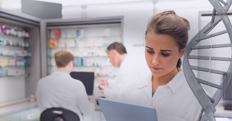 Double helix over a pharmacist with drugstore in the background, healthcare and medicine concepts