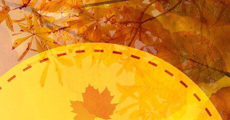 Digitally generated image of maple leaf over yellow banner against tree in background