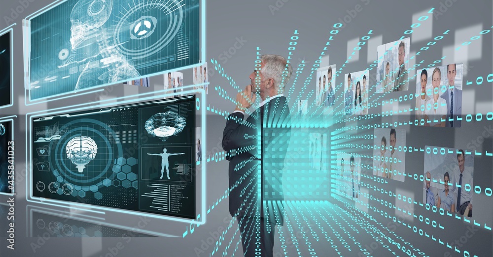 Poster composition of binary coding over businessman looking at screen with medical digital data