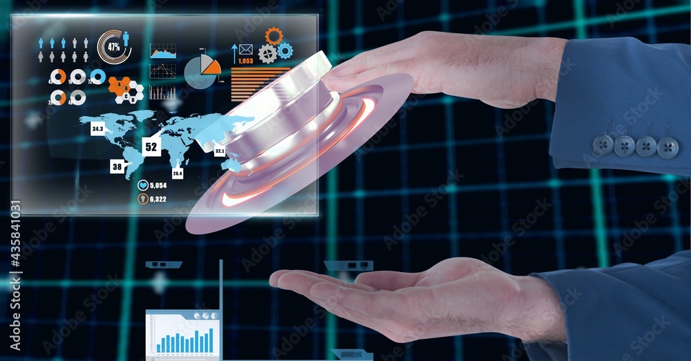 Poster composition of businessman touching interactive screen with digital data