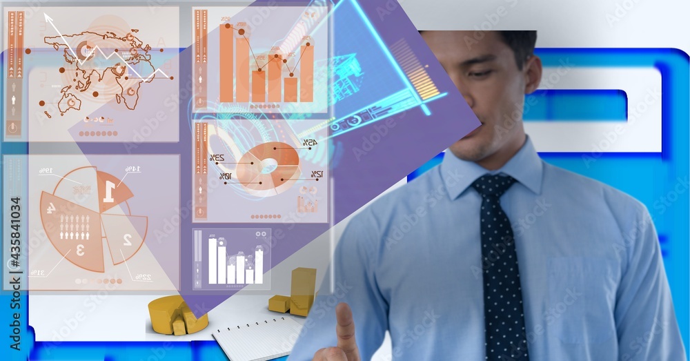 Aufkleber composition of businessman touching interactive screen with digital data