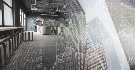 Composition of empty creative office with financial data processing over modern cityscape