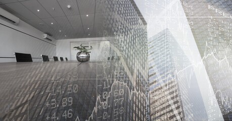 Composition of empty conference room with financial data processing over modern cityscape