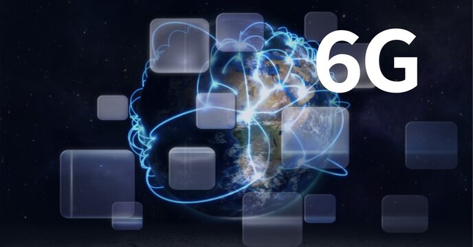 Composition of 6g text and multiple screens over globe with network of connections in background