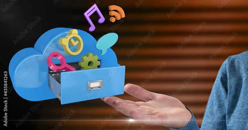 Aufkleber composition of businessman using interactive screen with cloud and digital icons
