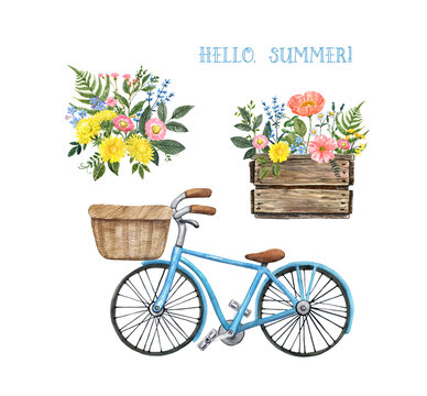 Summer vacations themed watercolor set. Colorful bouquet of wildflowers, blue bicycle with basket, wooden box planter with flowers,isolated on white background. Garden illustration.
