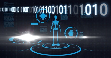 Composition of blue human skeleton with scientific digital icons and binary coding