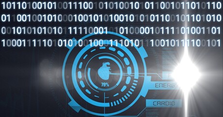 Composition of blue human heart scientific digital icon with binary coding
