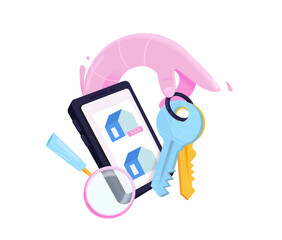 Property search. Buying, selling and renting flat, finding the perfect home on phone screen. Real estate concept