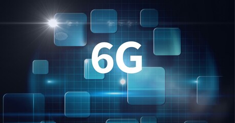 Composition of6g text over blue screens and light trails