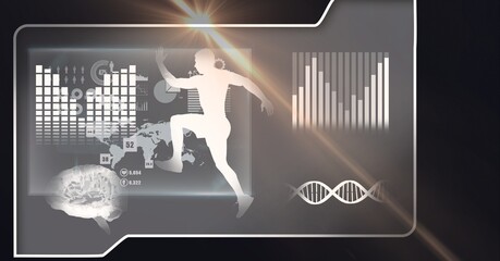 Composition of man running, dna strand and scientific data processing on screen