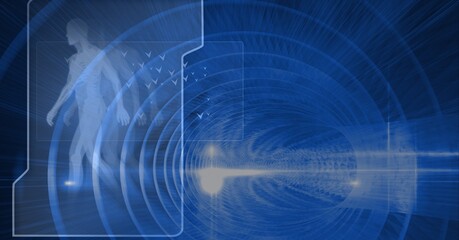 Composition of man walking and scientific data processing on screen