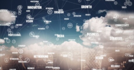 Composition of business text with network of connections on cloud background