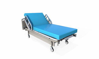 Concept hospital bed with electronic control from the console with dropper and table 3d render on white background with shadow