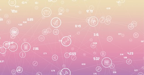 Composition of numbers and icons with network of connections on pink background