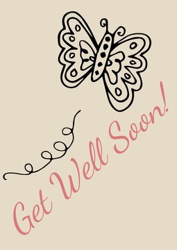 Composition of get well soon text with butterfly on pink background