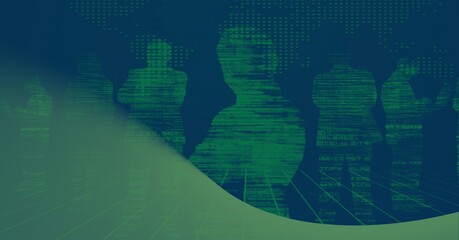 Composition of network of green people silhouettes on blue background
