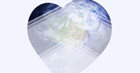 Composition of heart with planet earth on white background