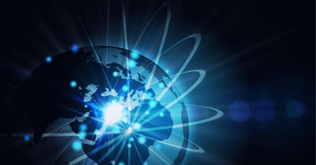 Obraz premium Composition of network of connections over glowing globe