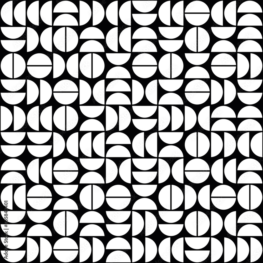 Poster white half of shapes. vector seamless half circles and black background.