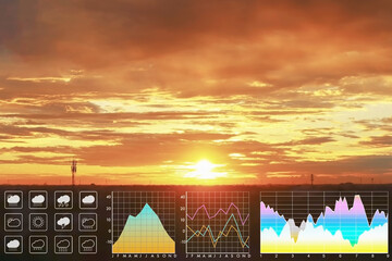 Obraz premium Weather forecast symbol data presentation with graph and chart on dramatic atmosphere panorama view of colorful twilight tropical sky and clouds aerial summer view background.