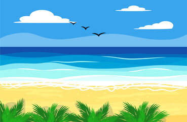 Obraz na płótnie Canvas Beach things and old surfboard with greeting - summer holidays vector illustration