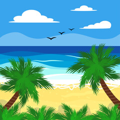 Fototapeta na wymiar Beach things and old surfboard with greeting - summer holidays vector illustration