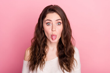 Photo of young attractive girl grimace fooling humor joke tongue-out isolated over pastel color...