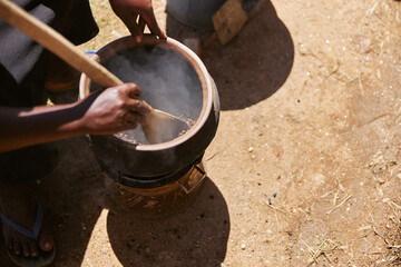 African traditional coffee roasting process by local tribes in mountain regions