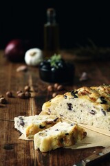 
Homemade Italian Focaccia with mozzarella, hazelnut, red onion, black olive, garlic , rosemary and thyme - 435844281